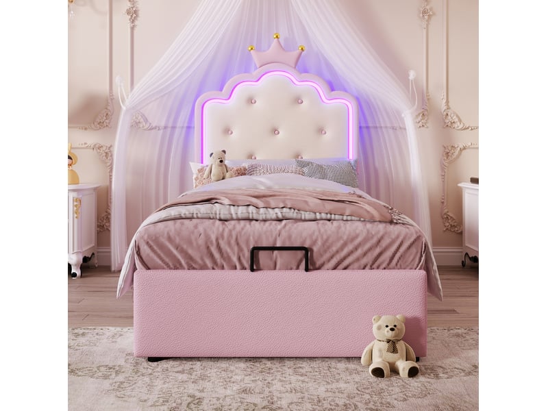  Lit enfant 90 x 200 cm rose avec sommier à lattes, rangement hydraulique et éclairage led  - Conforama C