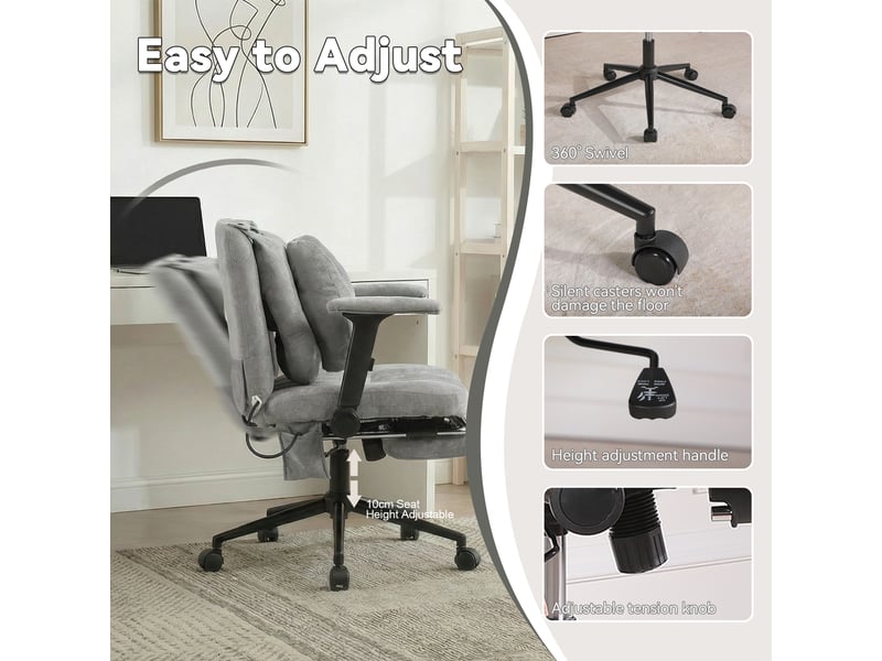  Chaise de bureau pivotante à hauteur réglable avec accoudoirs - lpospi - soutien lombaire gonflable, tissu gris  - Conforama E