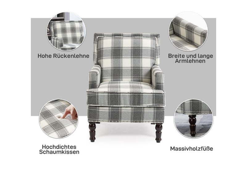  Fauteuil vintage,69x69x89 cm,avec clous décoratifs,tissu coton lin,gris et blanc  - Conforama E