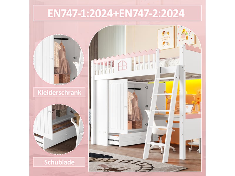  Lit mezzanine 140 x 200 cm, lit enfant surélevé, placard intégré, bureau intégré, étagères ouvertes, échelle, métal, blanc Morn Vibe - Conforama E