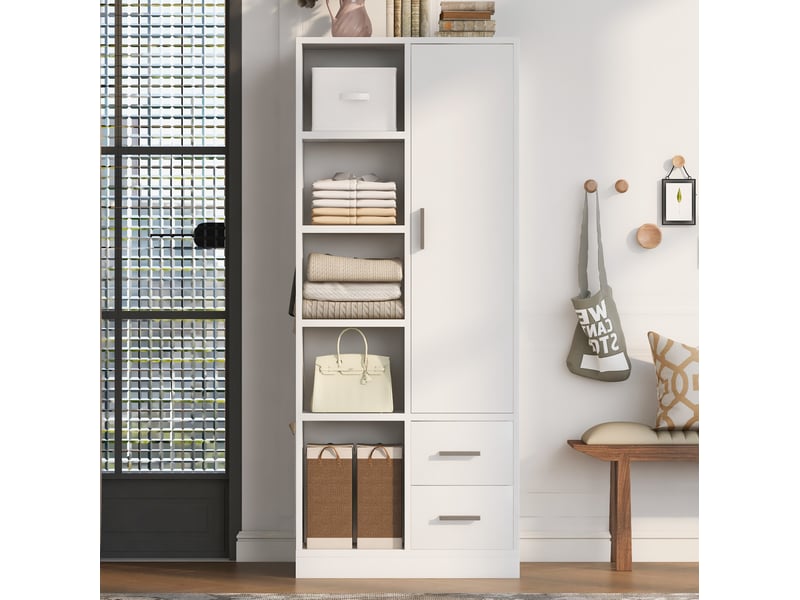  Armoire avec 1 porte, 2 tringles, étagères ouvertes et 2 tiroirs, pour chambre, en bois blanc, 70 × 50 × 170 cm  - Conforama C