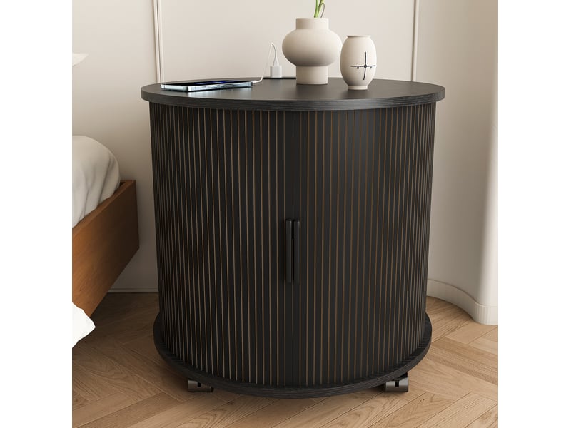  Table basse ronde avec porte coulissante, 2 niches, prise et 2 ports usb sur roulettes, en mdf noir, pour chambre  - Conforama B