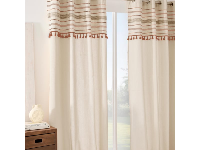  Rideau à œillets 140 x 240 cm cotonpolyester top tissé pompons stripe 1613146 - Conforama E