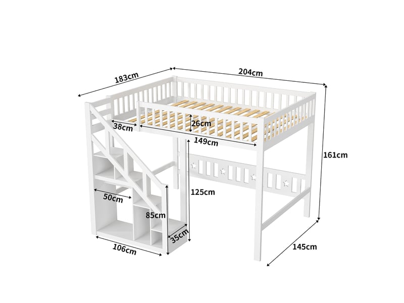  Lit mezzanine 2 places,lit mezzanine 140x200,lit superpose,lit mezzanine escalier,lit enfant escalier avec placard de rangement,bois massif,blanc  - Conforama D