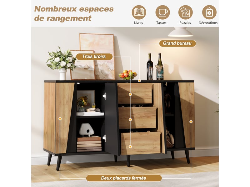  Buffet 120 x 40 x 70 cm, 2 portes et 3 tiroirs, meuble de rangement et bar à café, effet bois et noir ABC - Conforama D