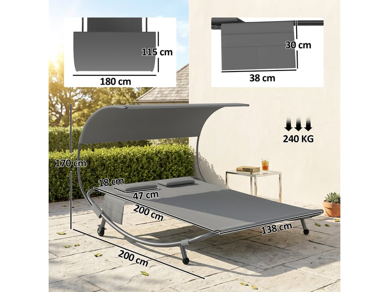  Bain de soleil double avec auvent amovible, roulettes, coussins et poches, 180 x 200 x 170 cm, gris  - Conforama D