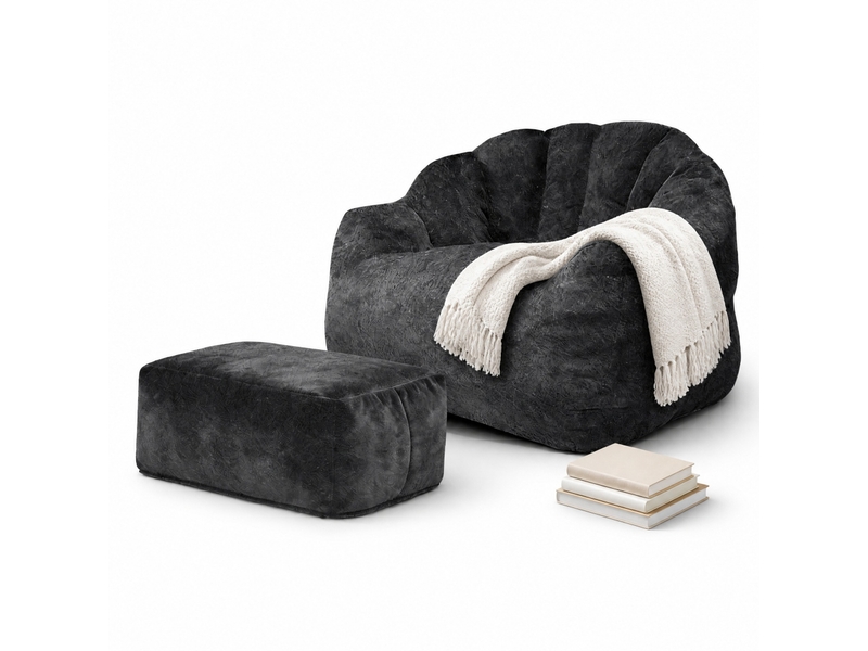  Lot de 2 pièces : fauteuil patte d’ours noir en tissu avec pouf assorti, confort enveloppant pour se détendre  - Conforama A
