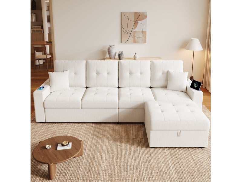 Canapé d'angle modulaire avec pouf coffre, led, usb et type-c en tissu de lin beige, 253 × 144,5 × 80,7 cm - Conforama B