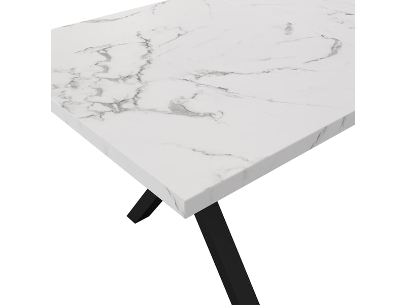  Table de salle à manger rectangulaire à pieds croisés en mdf et métal finition marbre blanc  - Conforama D
