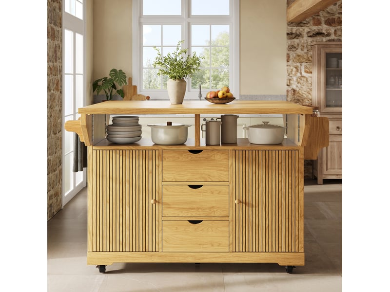  Desserte de cuisine avec 3 tiroirs, étagères réglables, plateaux rabattables et roulettes freinées, en mdf marron  - Conforama C