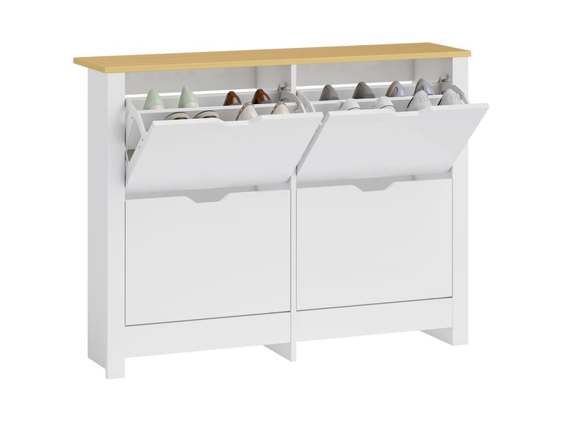  Meuble à chaussures étroit avec 4 compartiments rabattables pour 8 à 16 paires de chaussures, 105 x 26 x 80 cm, blanc et naturel  - Conforama A