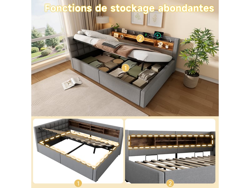  Lit coffre hydraulique 140x200 cm avec led dimmable, étagères, usb et tête réversible, tissu lin gris, sans matelas  - Conforama R