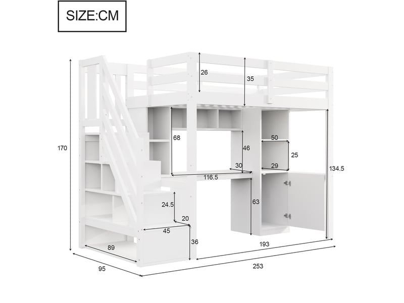  Lit mezzanine avec escalier de rangement étagères led prises européennes et garde-corps en bois blanc 90 × 200 cm  - Conforama C