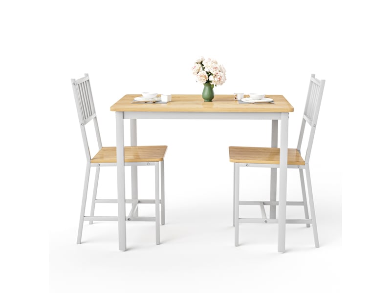 Ensemble table à manger avec deux bancs, table à manger style industriel, plateau naturel et structure blanche, 3 pièces pour cuisine  - Conforama W
