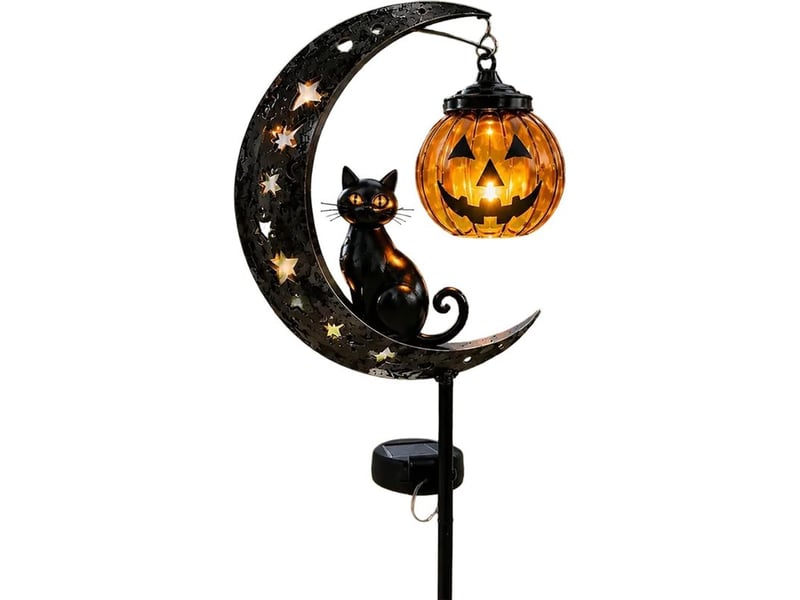  Lampe solaire de jardin halloween avec chat noir, citrouille et lune, piquet lumineux led étanche en métal pour pelouse, allée et terrasse  - Conforama A