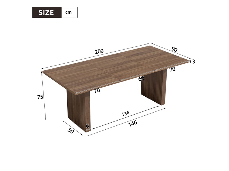 Table à manger extensible 140200 x 90 cm en mdf finition noyer, plateau épais 3 cm, pieds synchronisés, pour 6 à 8 personnes.  - Conforama C