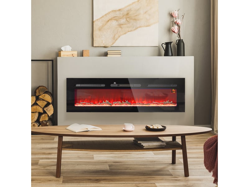  Cheminée électrique murale 1800 w, encastrable, acier noir et verre trempé  - Conforama D