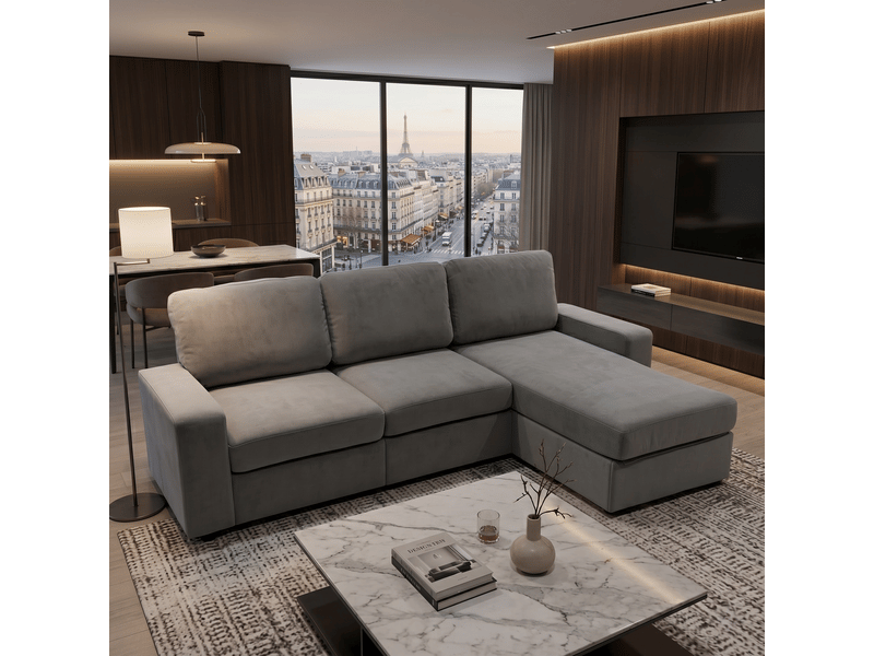  Canapé d'angle avec rangement 4 places gris - méridienne réversible, 245,5 cm, assise moelleuse  - Conforama D