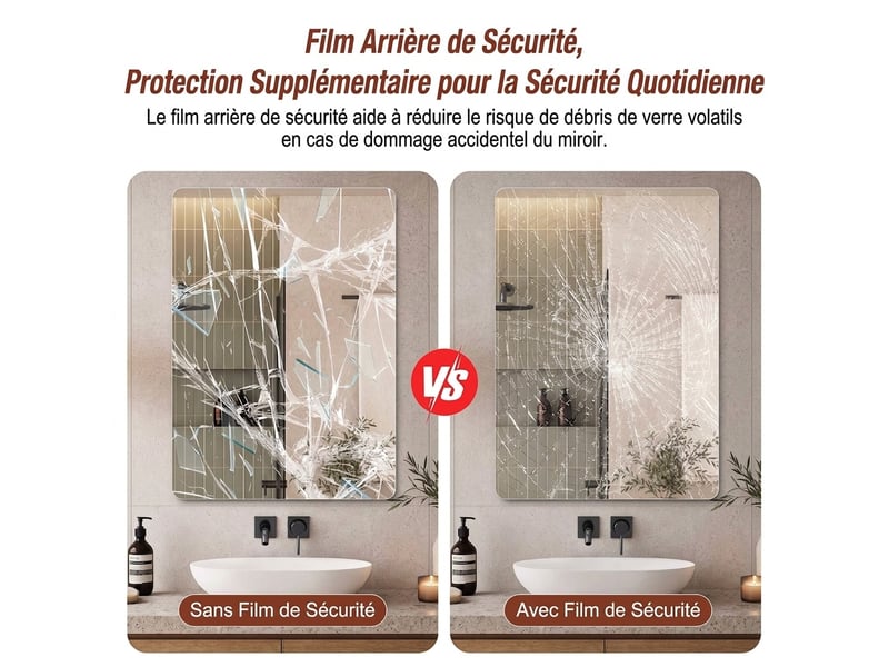 Miroir mural sans cadre 60x80 cm – miroir de salle de bain hd sans cuivre avec bords arrondis r50 – film anti-éclatement, fixation horizontale ou verticale – pour coiffeuse, chambre, entrée - Conforama D