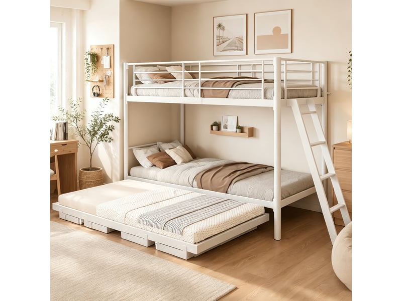 Lit superposé en métal 90 x 200 cm - avec lit gigogne - avec échelle de sécurité - avec barrières de sécurité - blanc (matelas non inclus) - Conforama D