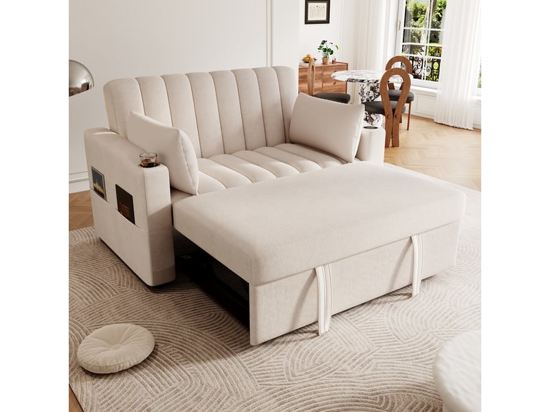 Canapé convertible 2 places avec dossier réglable, porte-gobelets et 2 coussins, canapé-lit multifonction - beige - Conforama E