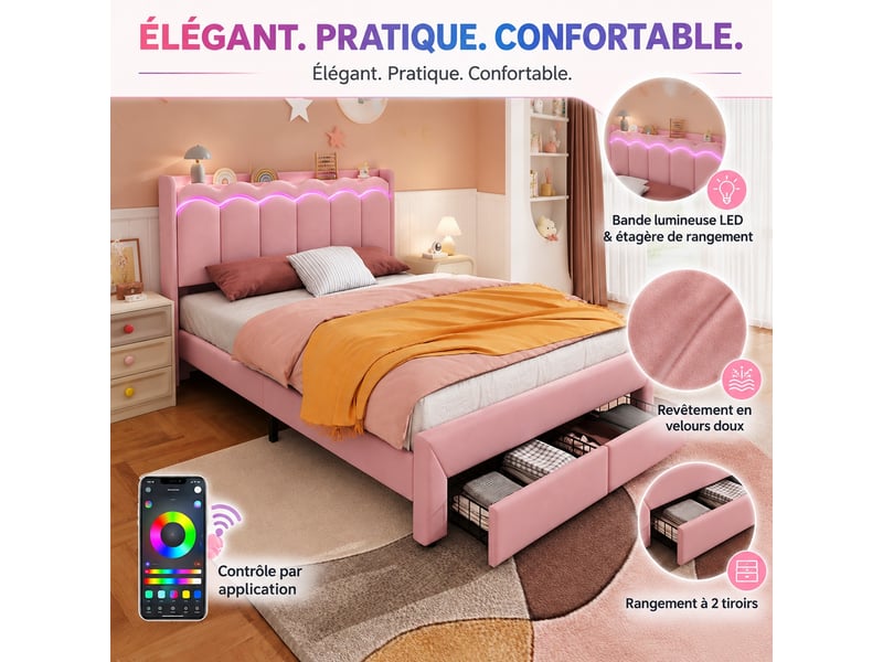 Lit double 140x200 cm avec éclairage led, lit rembourré, lit enfant, tête de lit avec espace de rangement, rose - Conforama D