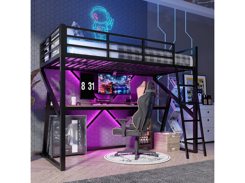  Lit mezzanine enfant 90x200 cm, led, bureau, garde-corps, sommier, métal noir, sans matelas  - Conforama W