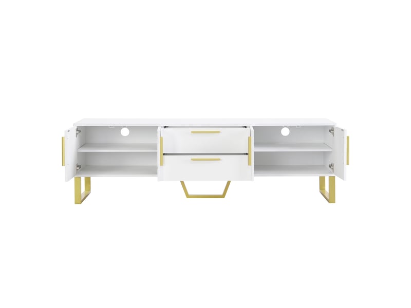  Meuble tv 170x40x53,5 cm, 4 portes de rangement avec tiroirs centrauxsculptés, structure mdf, blanc et accents dorés  - Conforama E