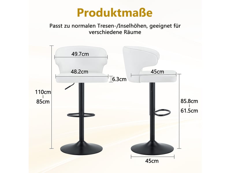  Lot de 2 tabourets de bar 49,7x45x110 cm avec dossier réglables en hauteur, pivotants 360°, polyuréthane (pu), blanc  - Conforama C