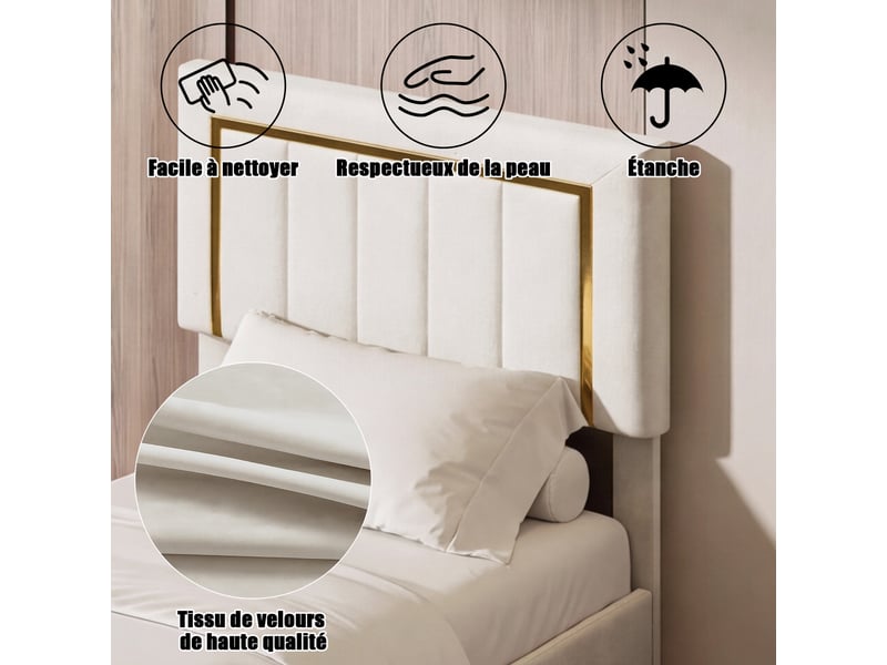  Lit simple capitonné,90 x 200 cm,avec espace de rangement,cadre en bois,revêtement en velours,beige  - Conforama E