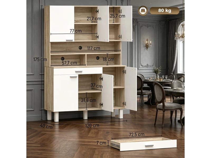  Buffet haut de cuisine blanc effet bois, 6 portes, tiroir, niches, 120 x 40 x 175 cm  - Conforama C