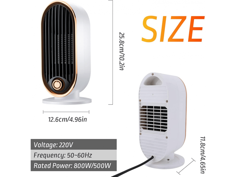  Chauffage de bureau 800 w, mini ventilateur électrique portable en céramique, chauffage et refroidissement personnels, 2 modes pour la maison, multicolore - 25.8 x 12.6 x 11.8 cm  - Conforama E