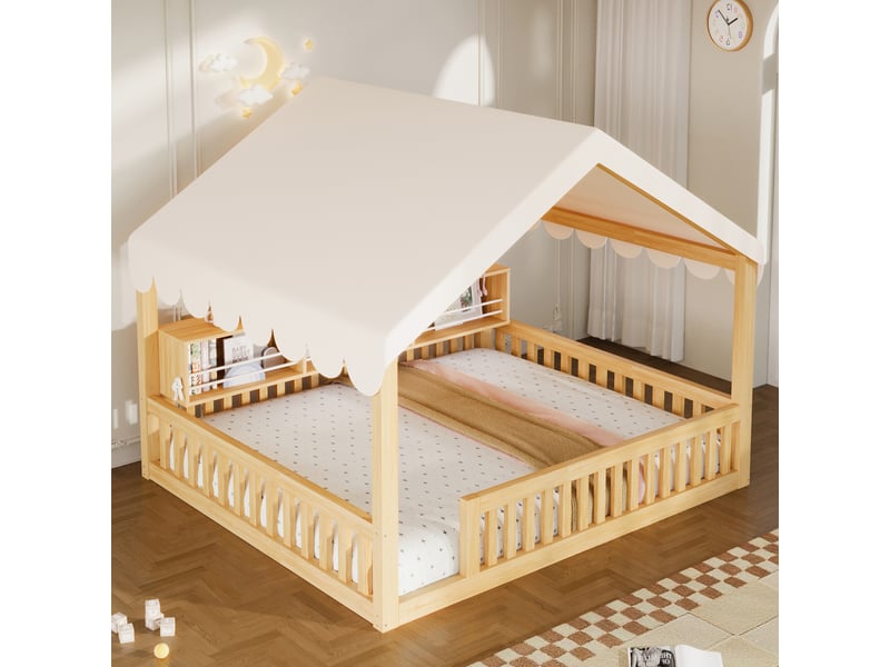  Lit cabane enfant 140 × 200 cm 2 places avec led, étagère et barrière, sans matelas, en bois, naturel  - Conforama C