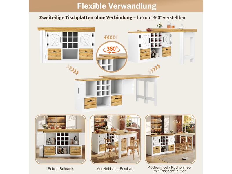 Table de salle à manger extensible avec tiroir, plateau pivotant à 360°, en mdf blanc pour cuisine, 120 × 40 × 72 cm - Conforama E
