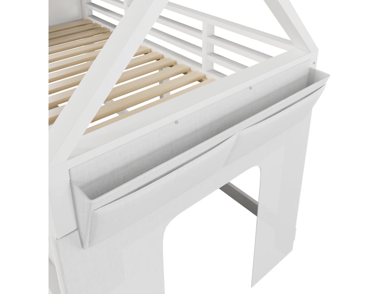  Lit mezzanine enfant 90x200 cm blanc mdf et pin, 6 tiroirs tissu, rideau latéral et led  - Conforama E