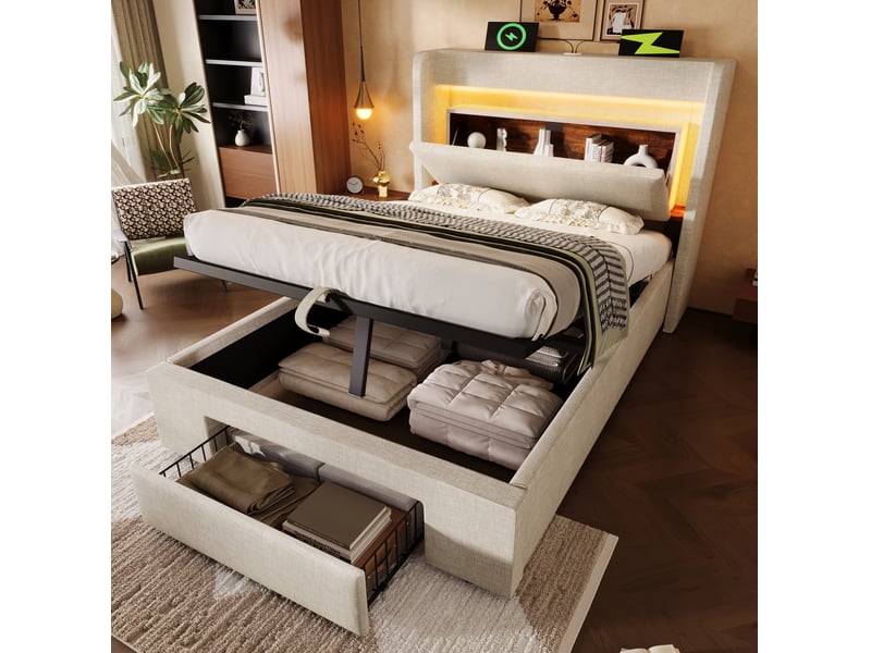  Lit coffre 90 x 200 cm beige en lin avec matelas, led, usb et usb-c  - Conforama B