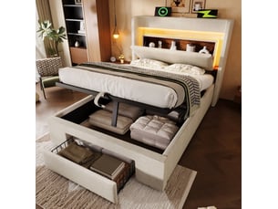 Lit coffre 90 x 200 cm beige en lin avec matelas, led, usb et usb-c
