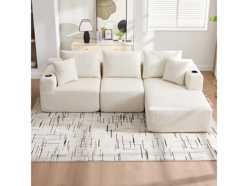  Canapé d’angle modulable 3 places avec poches latérales - lpospi - méridienne en chenille beige 261 × 165 × 80 cm  - Conforama B