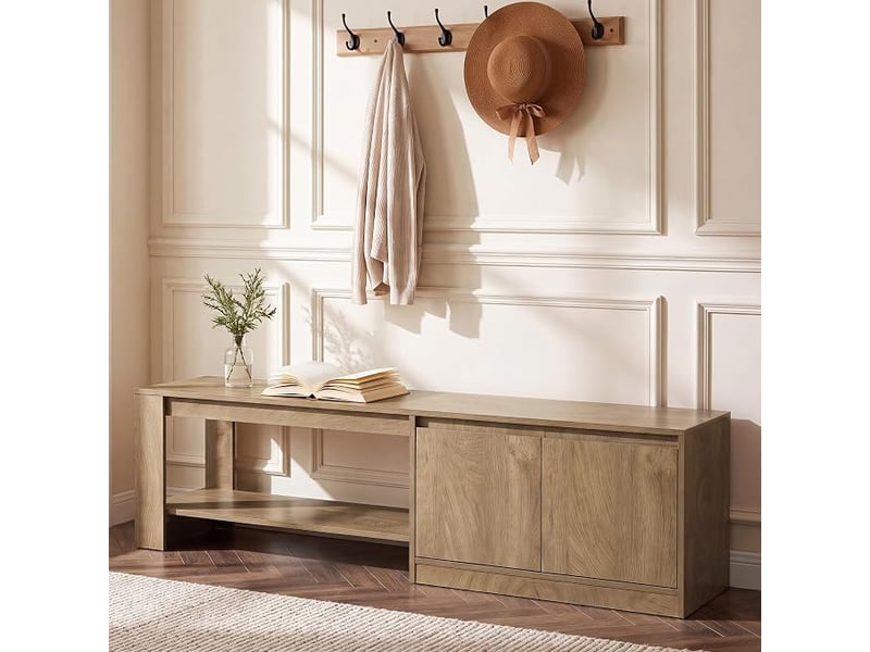  Banc à chaussures avec rangement intégré 160 cm, banc avec placard et 2 étagères ouvertes, banc d'entrée en bois pour couloir, entrée, chambre, étagère à chaussures avec siège  - Conforama B