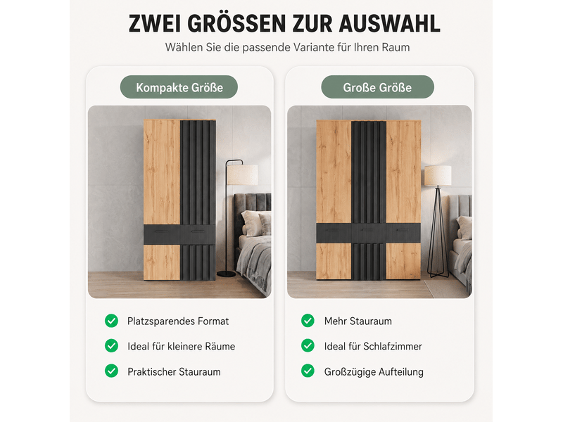  Armoire dressing 2 portes 90 x 50 x 200 cm en mdf et panneau de particules noir et bois clair, 1 tringle, 2 tiroirs  - Conforama D
