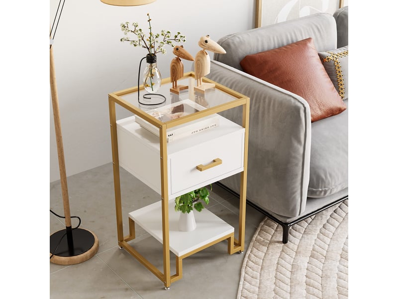  Rangement 3 niveaux, meuble entrée moderne, tiroir, verre trempé, cadre acier, table chevet gain de place, chambre salon couloir VAM_1EAXHDUI - Conforama E