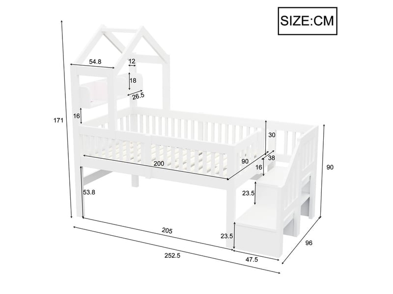 Lit mezzanine multifonction en bois, 90 x 200 cm, avec structure en forme de toit, étagère, bande led et escalier de rangement, blanc - Conforama C