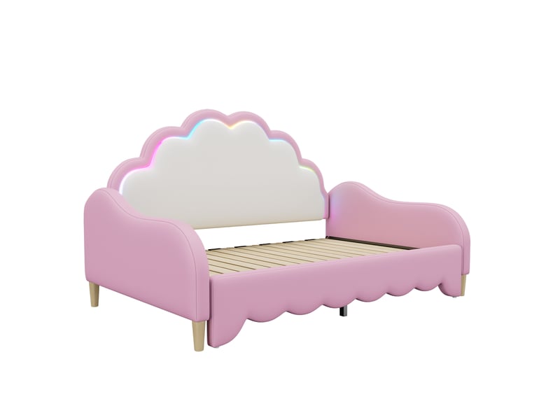  Lit gigogne 140x200 cm 2 en 1 avec led, mdf et pu, rose, sans matelas  - Conforama E