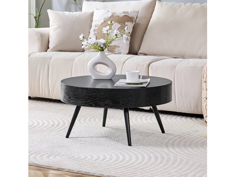  Table basse ronde 70 cm noire, mdf décor bois et pieds métalliques réglables  - Conforama D