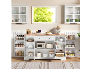 Buffet de cuisine 138 x 40 x 85 cm blanc et naturel en mdf, 4 espaces de rangement avec tiroir et portes latérales