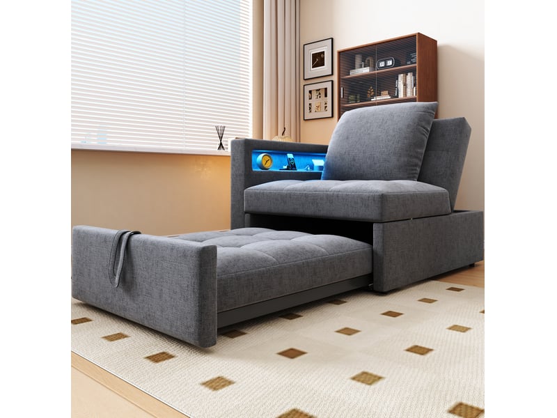 Fauteuil gigogne 177x68x65 cm, design 3-en-1 transformable, dossier ajustable, led, charge, accoudoirs, lin, gris clair - Conforama E