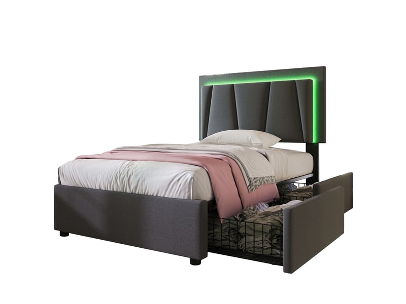  Lit simple 90x200 avec led et 2 tiroirs, tête de lit réglable en hauteur, cadre en bois, gris  - Conforama A