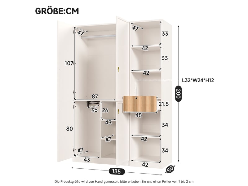  Armoire 135x50x200 cm avec 2 tringles et 8 espaces de rangement blanc et bois  - Conforama C
