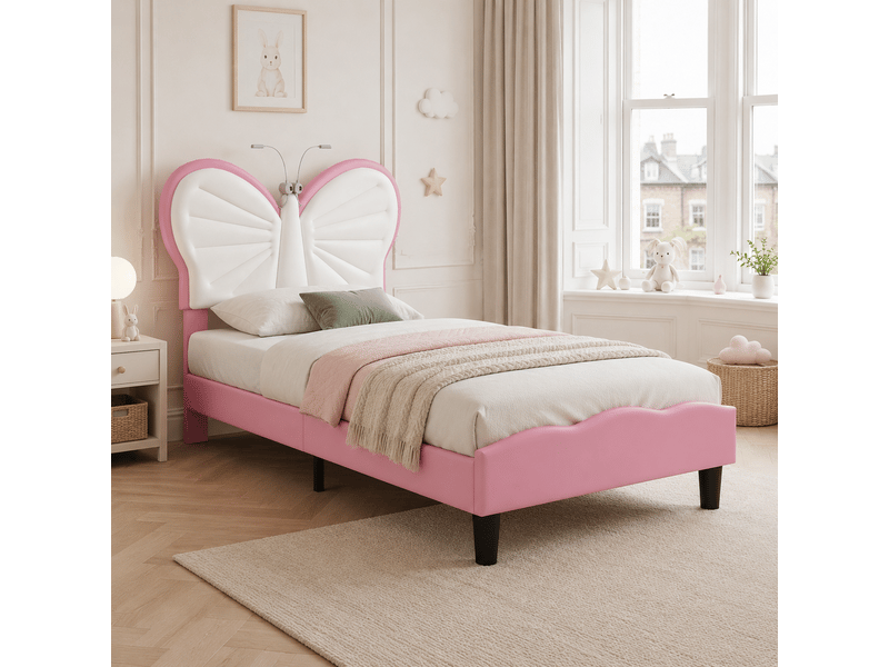 Lit enfant 90x200 avec liseuse, lits 1 personne avec tête de lits réglable en hauteur en forme de papillon, lit capitonné pour fille adolescent, velours, sans matelas (blanc + rose) - Conforama R