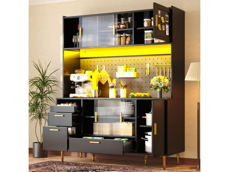 Buffet noir laqué avec led et panneau perforé – armoire cuisine 180 cm, portes en verre, porte magnétique, 60 kg - Conforama D